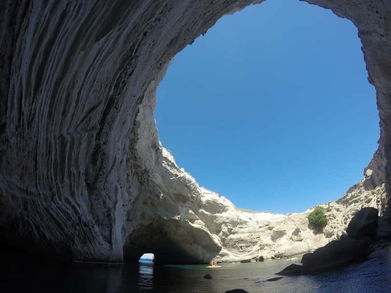 Adamantas: Kleftiko Sailing Cruise with Meal and Swim Stops - Sykia’s open-roof cave and the first swim