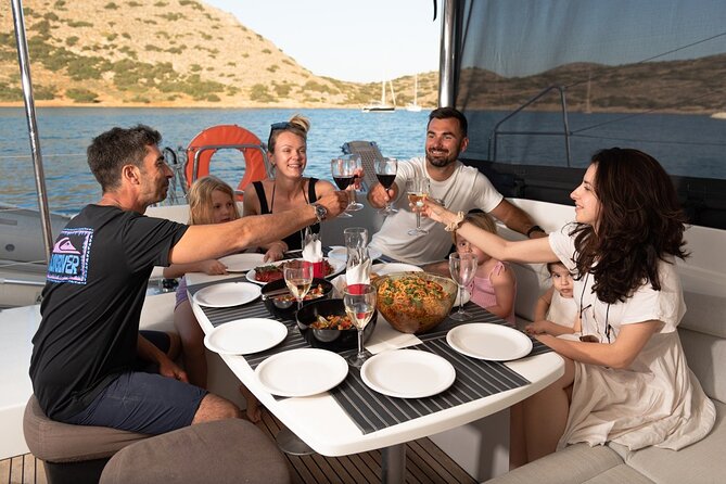 Ag. Nikolaos: Catamaran Trip with Sushi, Drinks, & Water Toys - Sunset timing and the Spinalonga views