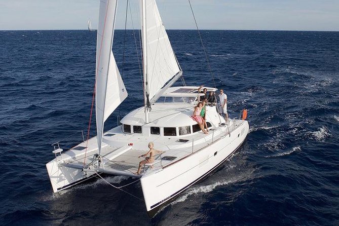 Catamaran Day & Sunset Cruises with meals Drinks and transportation - From Mykonos Port to Open Aegean Water