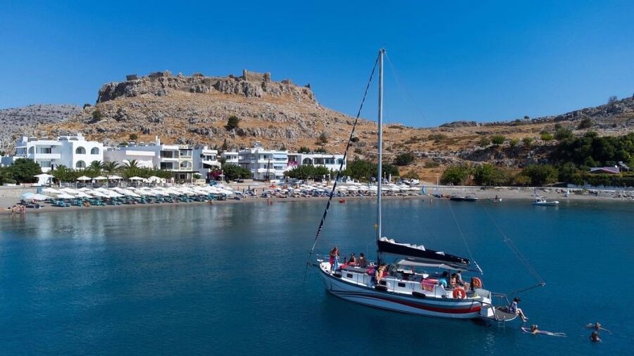 Lindos: Sailboat Cruise with Prosecco and more - Setting sail from Pallas Beach