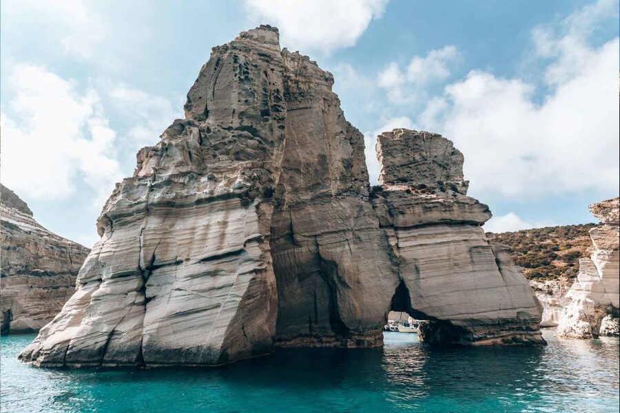 Milos: Full-Day Catamaran Cruise with Paddle Board - Sykia Cave, Milos at its most unusual