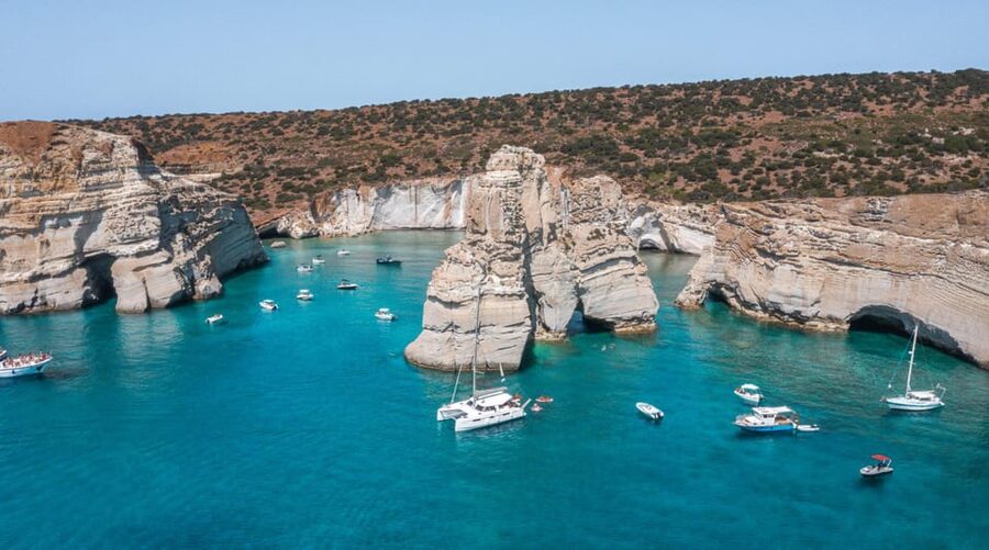 Milos: Full Day Luxury Catamaran with Full Meal & Open Bar - The return route: Sykia, Cape Vani, and Klima