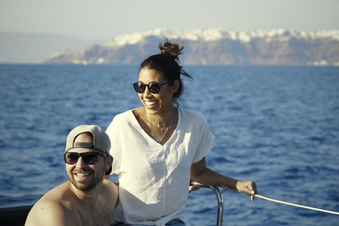 Private Luxury Santorini Catamaran Cruise with Port Pickup - The return sail gives you Santorini’s best angle
