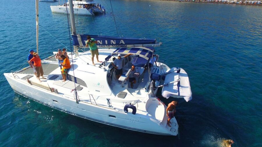 Santorini: 7-Hour Private Catamaran Cruise with Food & Drink - Red Beach, White Beach, and the southern coast