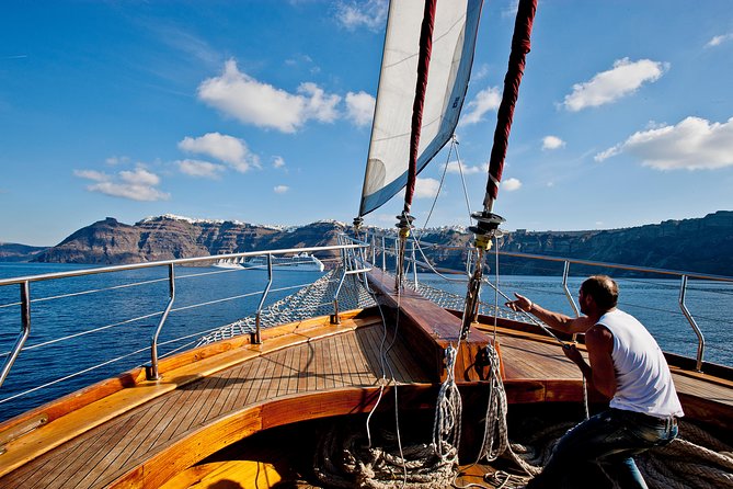 Santorini Caldera Sunset Sailing Cruise with Dinner and Wine - Thirassia Bay: Greek food with the boat at anchor