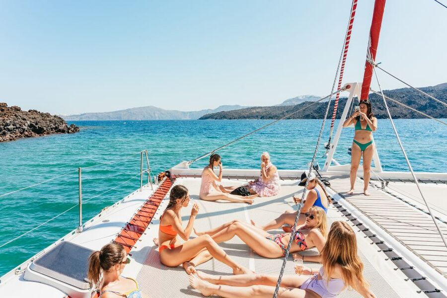 Santorini: Catamaran Tour with BBQ Dinner, Drinks, and Music - Morning cruise or Santorini sunset?