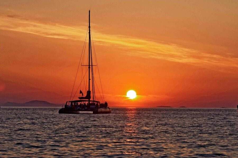 Santorini: Cruise Catamaran with BBQ & Drinks Day or Sunset - White Beach and an Onboard Greek BBQ