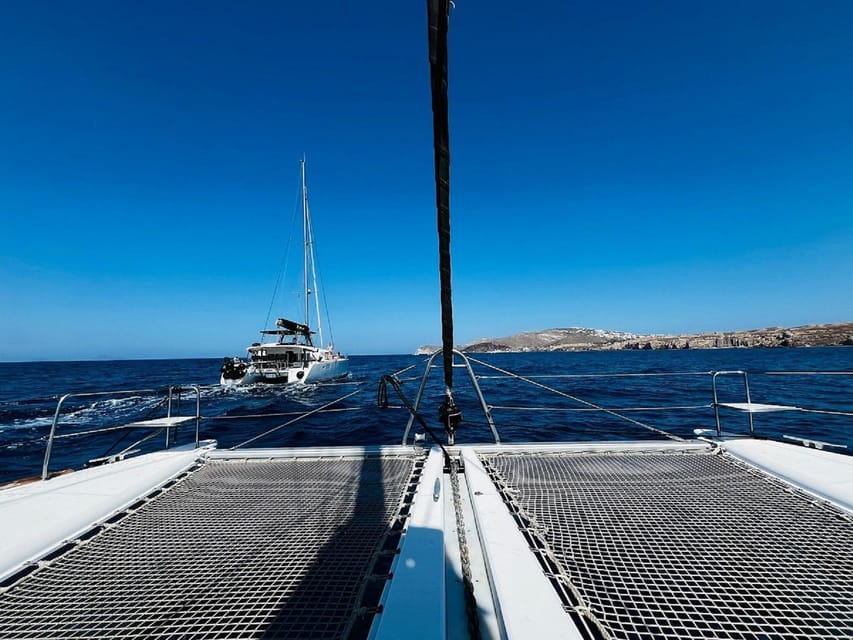 Santorini:Cruises with Catamaran around the Volcanic Island. - Mesa Pigadia and lunch aboard the catamaran