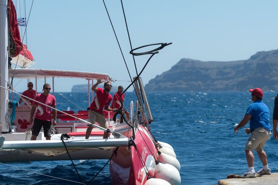 Santorini: Dream Catcher 5-hour Sailing Trip in the Caldera - The Caldera cliffs from the deck
