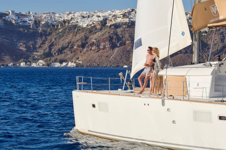 Santorini Gold Catamaran Cruise with Snorkel, BBQ & Open Bar - Setting out from Vlychada Marina