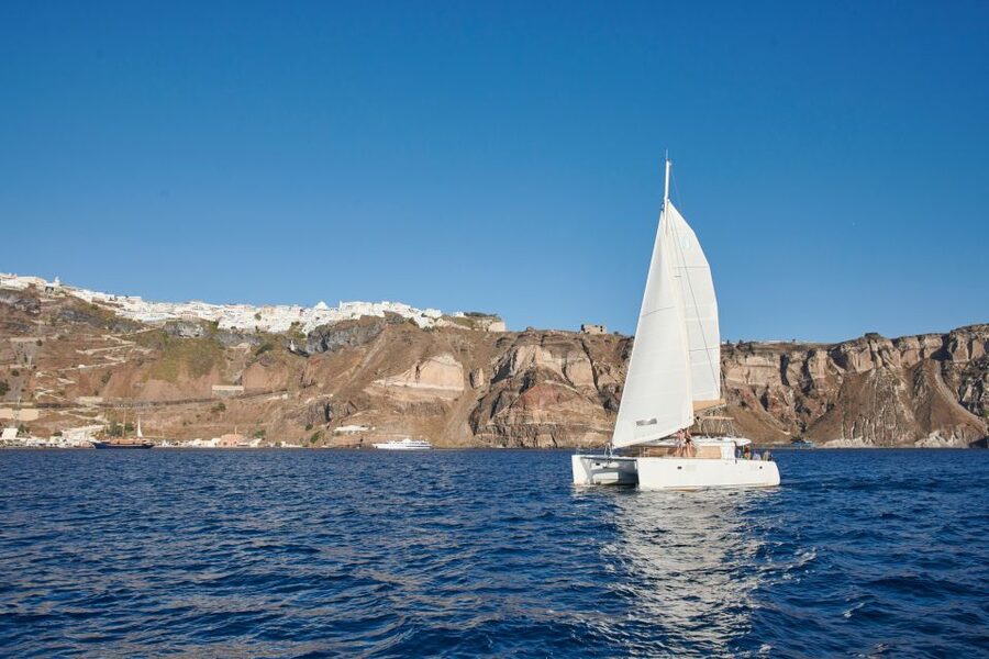 Santorini Gold Catamaran Cruise with Snorkel, BBQ & Open Bar - The volcano hot springs and sulfur water