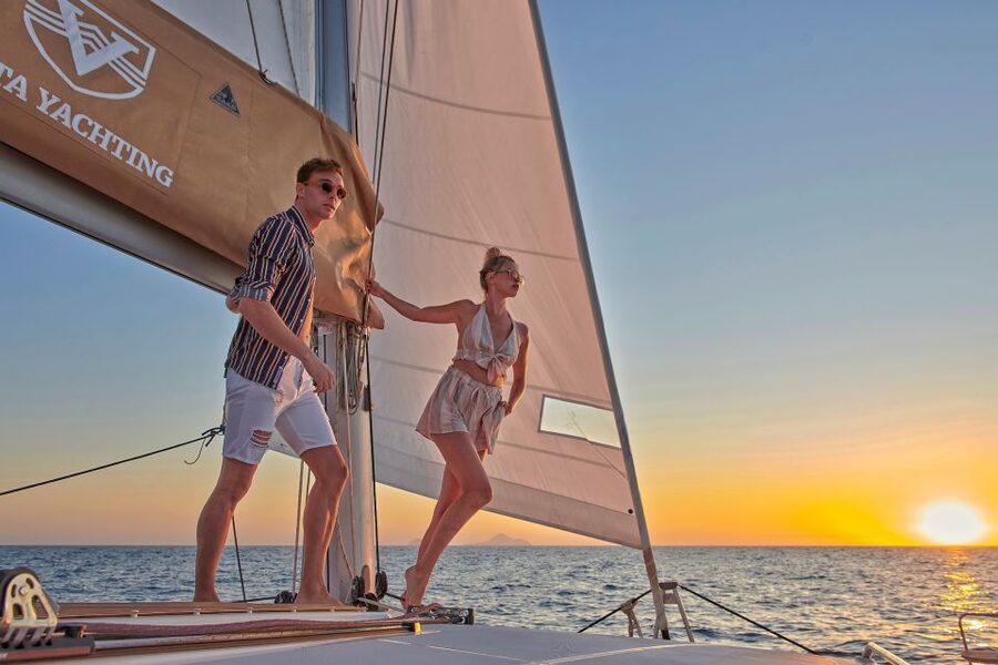 Santorini Gold Catamaran Cruise with Snorkel, BBQ & Open Bar - Mesa Pigadia and the main BBQ meal