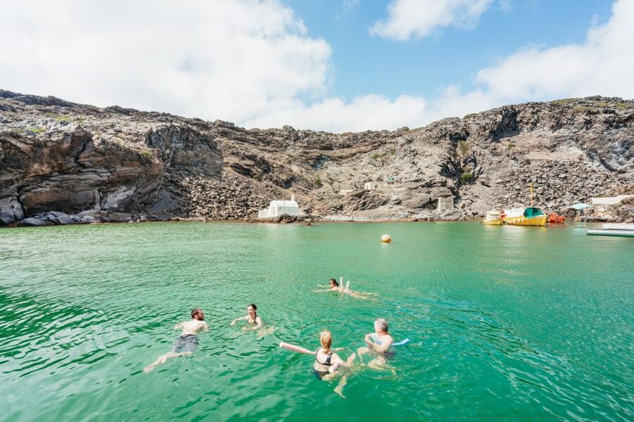 Santorini: Luxury Catamaran Day Trip with Meal and Open Bar - Red Beach and White Beach from the sea