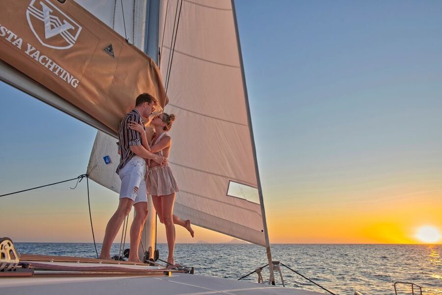 Santorini: Platinum Catamaran Cruise w/ BBQ Meal & Open Bar - A small-group view of Santorini from the sea
