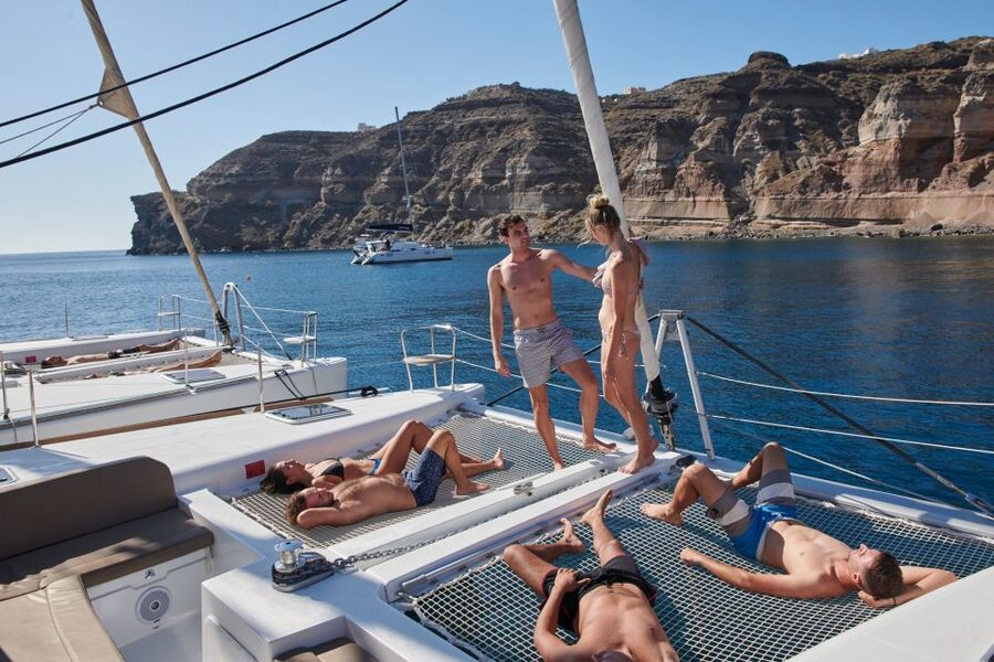 Santorini: Platinum Catamaran Cruise w/ BBQ Meal & Open Bar - Thirasia and the meal on board