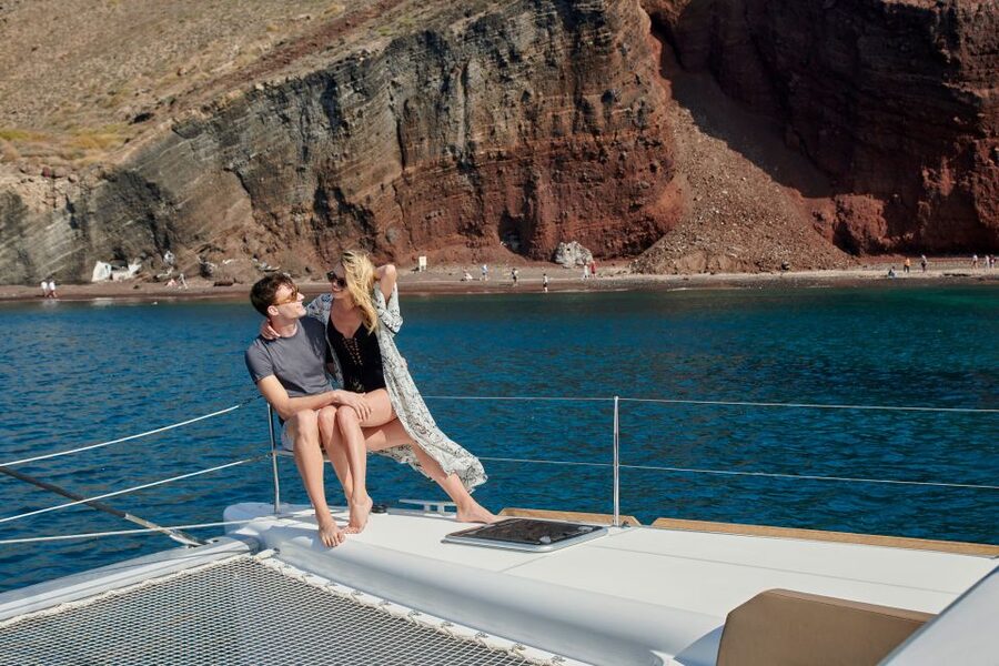 Santorini: Platinum Catamaran Cruise w/ BBQ Meal & Open Bar - Sunset near Akrotiri Lighthouse