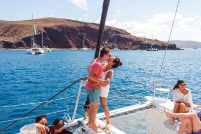 Santorini Sailing Catamaran Daily Cruises w/ Greek BBQ @Thirasia
